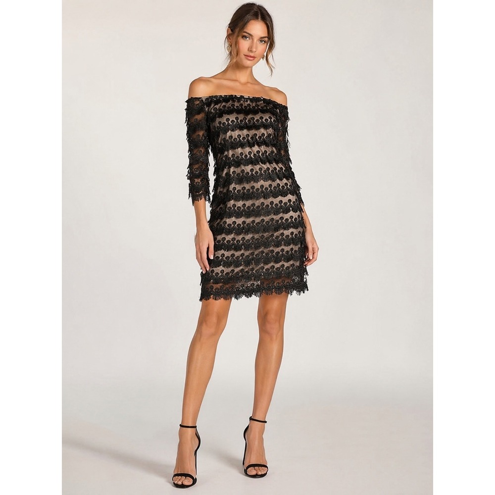 Trina Turk Lace Fringe Dress 0 Black Nude Off Shoulder Cocktail Party 3/4 Sleeve